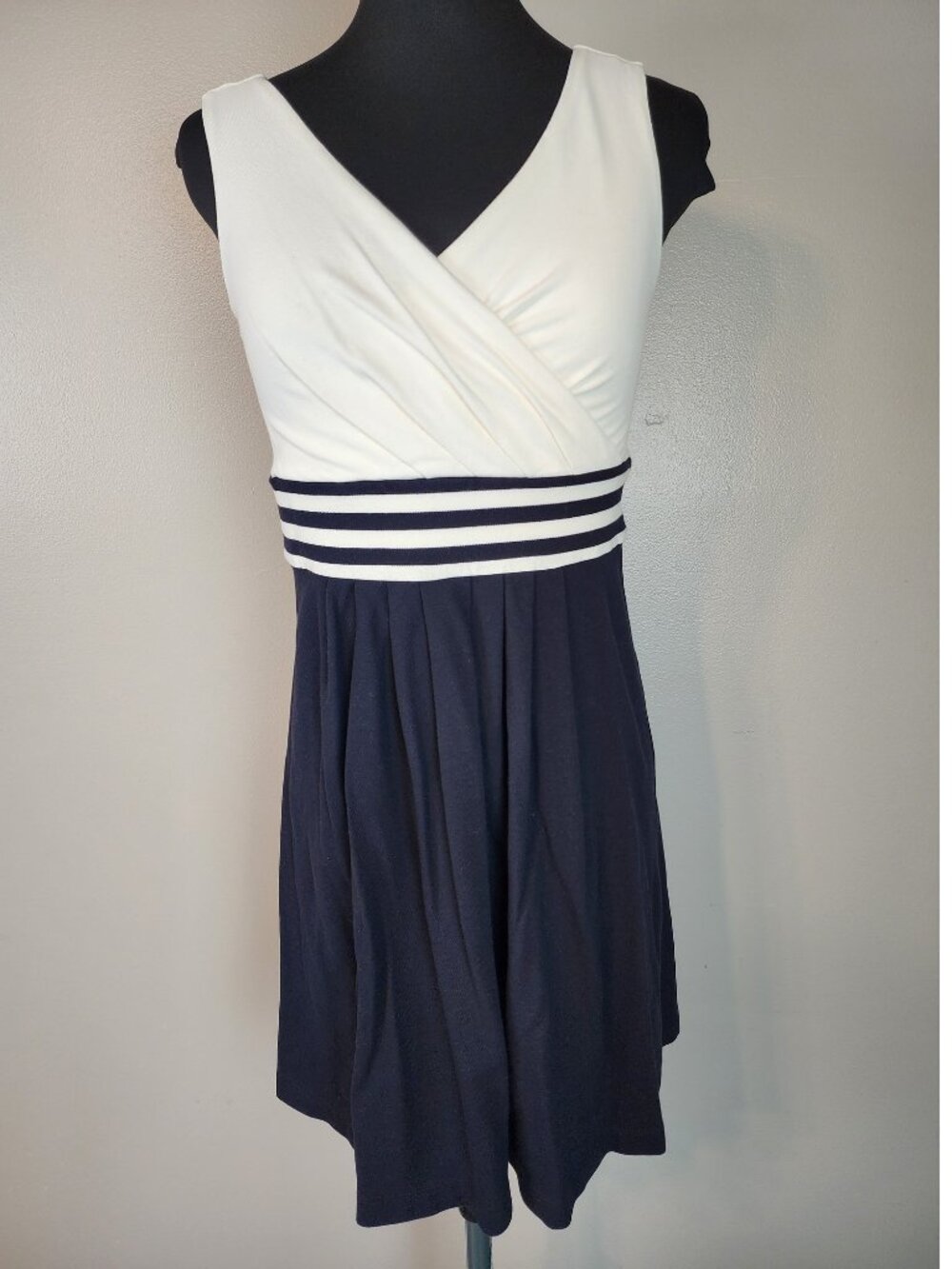 Lands End Dress Small Black White Faux Wrap Nautical Pima Cotton Fit and Flare